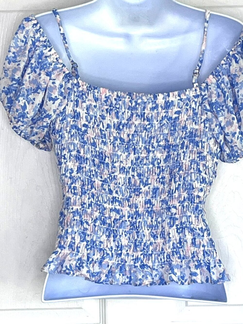 Smocked Crop Top sz L Ruffled Hem Puff Sleeve Floral Coquette Milkmaid Fairy Y2K - Picture 3 of 5